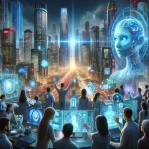 Een fascinerende foto waar AI en menselijke interactie samenkomen in een futuristische stad.