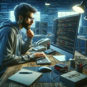 Afbeelding van een AI-softwareontwikkelaar die aan het werk is.