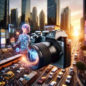 Een verbluffend hyperrealistische foto van een bruisend stadslandschap bij het gouden uur.